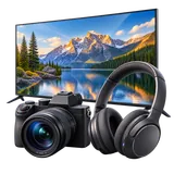 Televisão, caixa de som, câmera e equipamentos de vídeo
